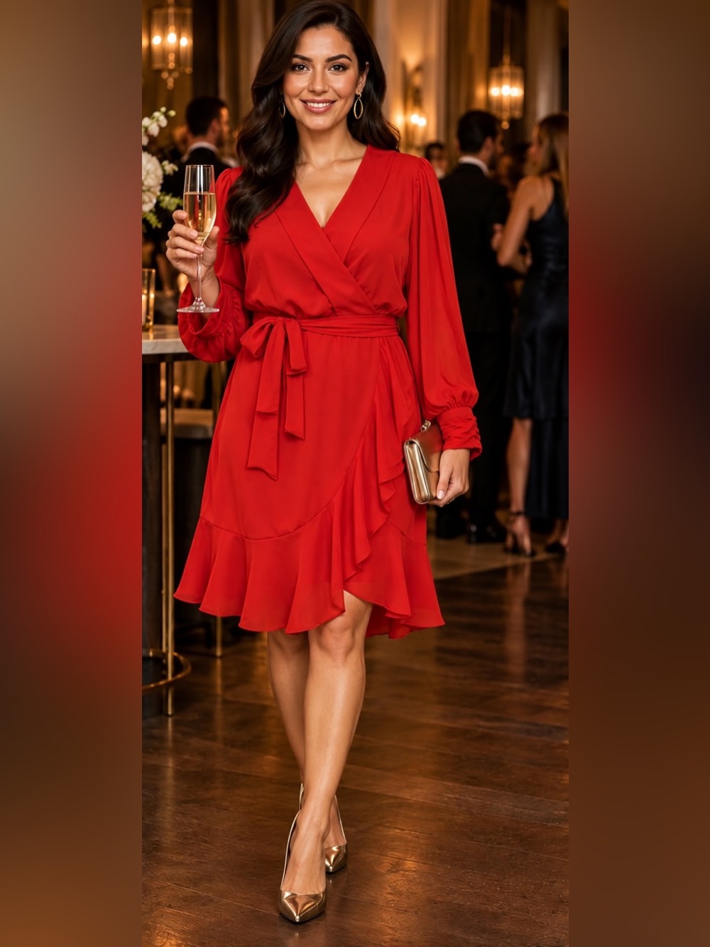 Nanette Lepore Red Cocktail Holiday Dress Ruffle Hem Ruched Cuffs 16. NWT